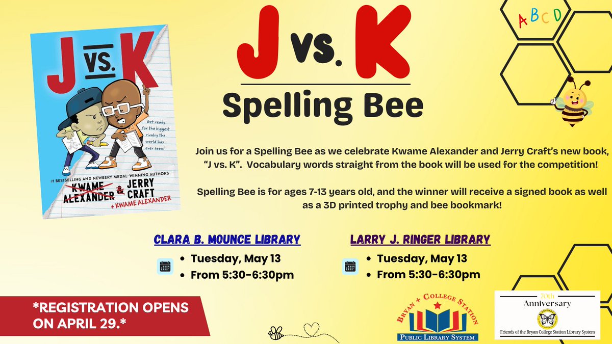 We are holding a Spelling Bee to celebrate Jerry Craft and Kwame Alexander's new book, J vs. K! There will be one spelling bee at Mounce and one at Ringer. This program is for ages 7-13.

Register for Mounce: bit.ly/4lTaPSz
Register for Ringer: bit.ly/42DzHXa