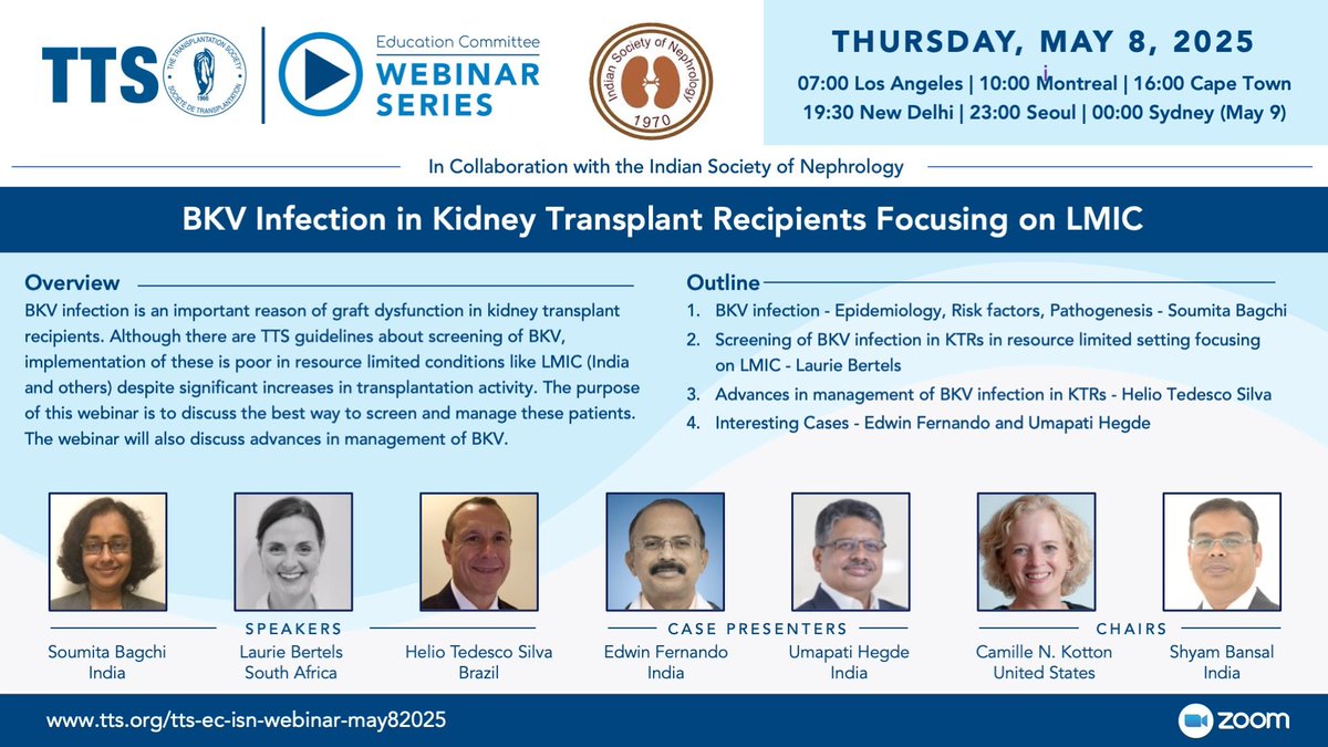 TTS (@ttsorg) on Twitter photo 🌟BKV webinar tomorrow - don't miss it!🌟
💡BKV Infection in Kidney Transplant Recipients Focusing on LMIC
🗓️Thursday, May 8 at 10 am (ET)
🎤Shyam Bansal, Soumita Bagchi, Laurie Bertels, Helio Tedesco Silva, Edwin Fernando, Umapati Hegde, <a href="/KottonNelson/">Camille Nelson Kotton</a>
Join 🔗 🌟BKV webinar tomorrow - don't miss it!🌟
💡BKV Infection in Kidney Transplant Recipients Focusing on LMIC
🗓️Thursday, May 8 at 10 am (ET)
🎤Shyam Bansal, Soumita Bagchi, Laurie Bertels, Helio Tedesco Silva, Edwin Fernando, Umapati Hegde, <a href="/KottonNelson/">Camille Nelson Kotton</a>
Join 🔗