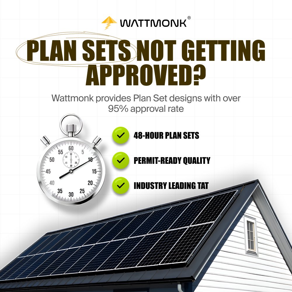 WattMonk's tweet image. Tired of delays, costly revisions, and low approval rates? Wattmonk’s Plan Set services are built to solve exactly that.
 - Fast TATs
 - Unlimited Revisions
 - Permit-Ready Quality — all at competitive pricing.

#PermitReady #SolarDesign #SolarInstallers #PlanSets #CleanEnergy