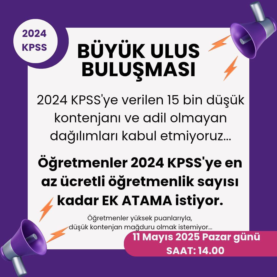 Ataması yapılmayan öğretmenler,
Verilen düşük kontenjanları ve atama sayısını kabul etmiyor.
Mağduriyetin giderilmesi için 2024 KPSS'ye EK ATAMA talep ediyor.
Türkiye derecesi yapmış öğretmenler hakkını arıyor.
Sen de katıl destek ver.
🗓 11 Mayıs Pazar
⏰14.00
📍ANKARA–ULUS