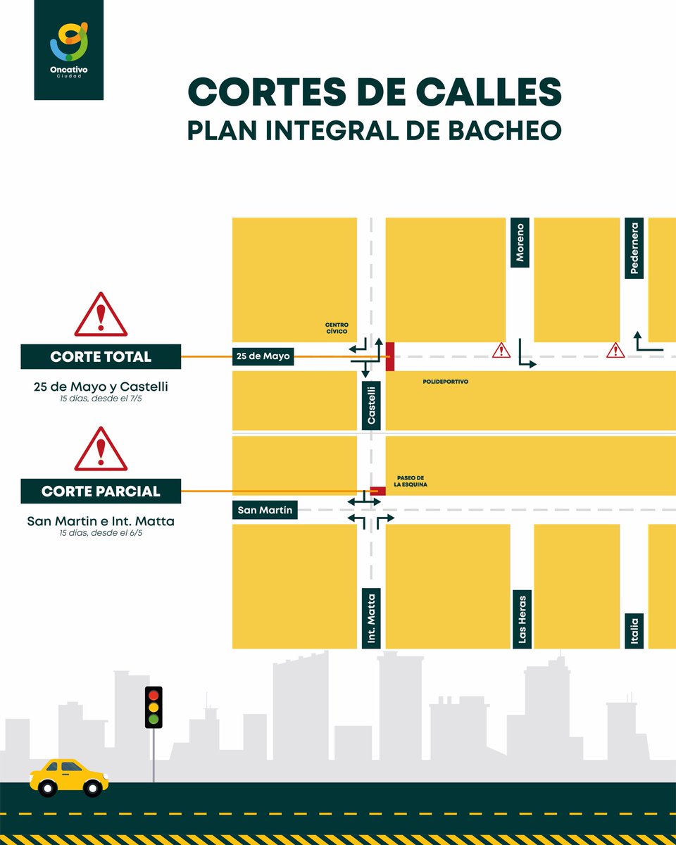 Información importante ⚠️

Tipo de corte: PARCIAL
Intersección afectada: INT. MATTA y SAN MARTÍN
Tiempo aproximado: 15 días (desde el 6/5)

Tipo de corte: TOTAL
Calle afectada: CASTELLI y 25 DE MAYO
Tiempo aproximado: 15 días (desde el 7/5)