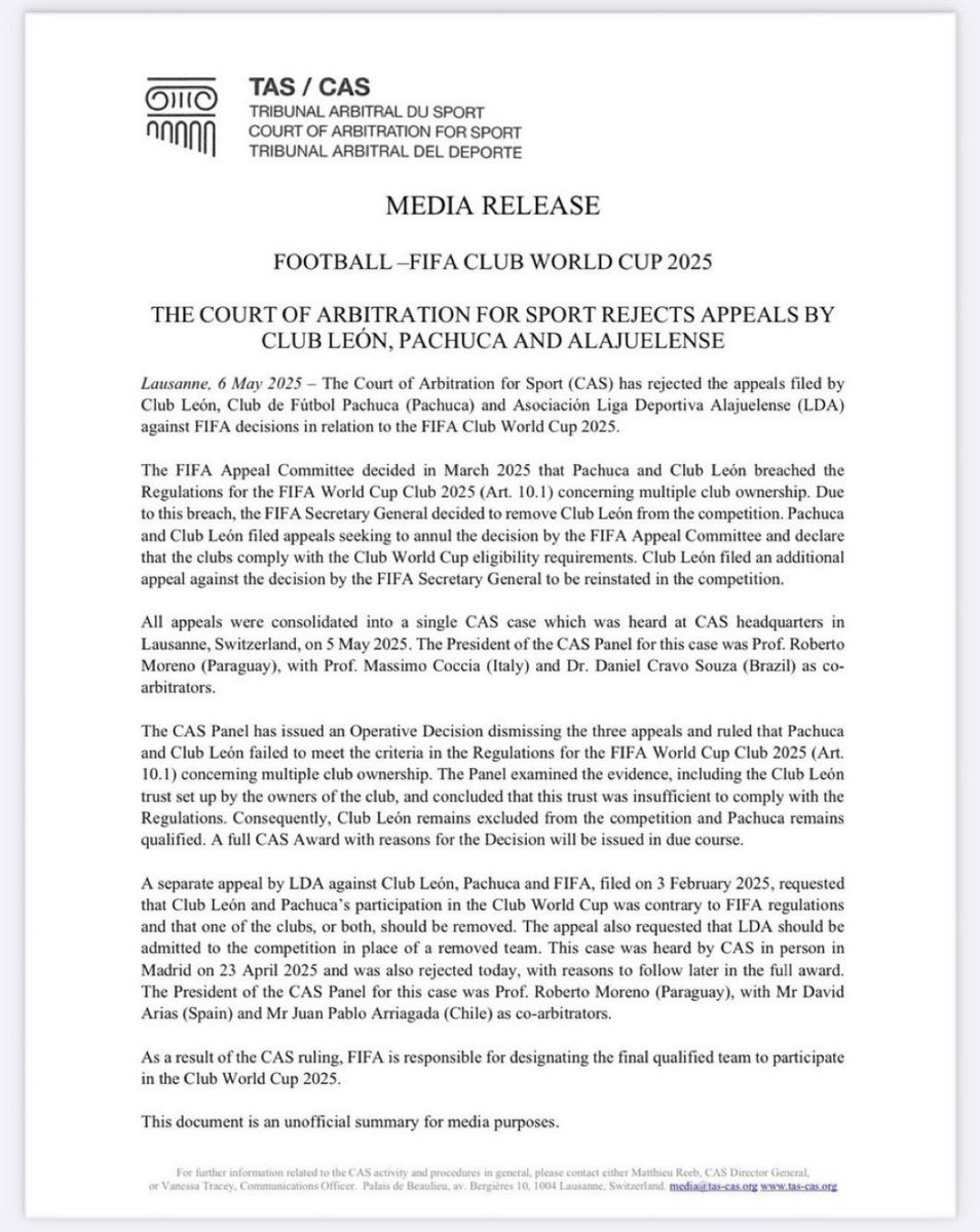 Es oficial el Club León no va al mundial de clubes, le correspondería al Alajuelense de Costa Rica asistir, pero la FIFA, se armó un partido entre Los Ángeles FC y el América para obtener al último invitado, un poco amañado no ? <a href="/clubleonfc/">Club León</a> <a href="/FIFAcom/">FIFA</a>
