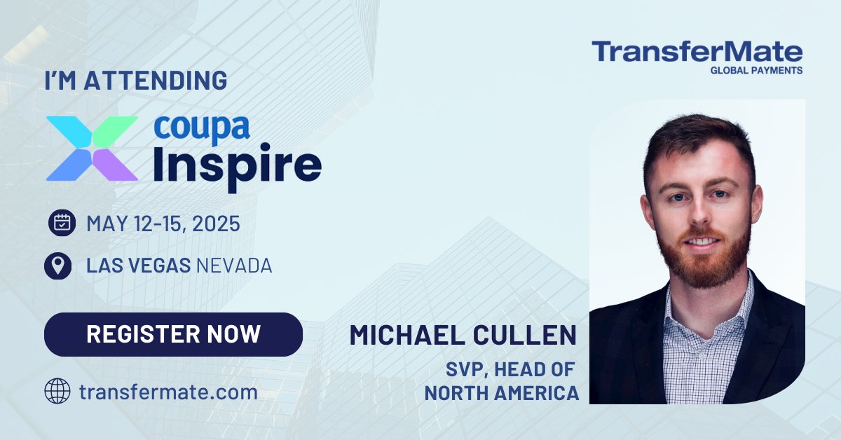 Excited to represent <a href="/TransferMate/">TransferMate</a> at #CoupaInspire2025 from May 12–15! Let’s connect to chat about how integrated global payments can simplify spend and boost efficiency. See you there! 🌍💼 
<a href="/Coupa/">Coupa Software</a> 

#FinTech #Procurement #SpendSmarter