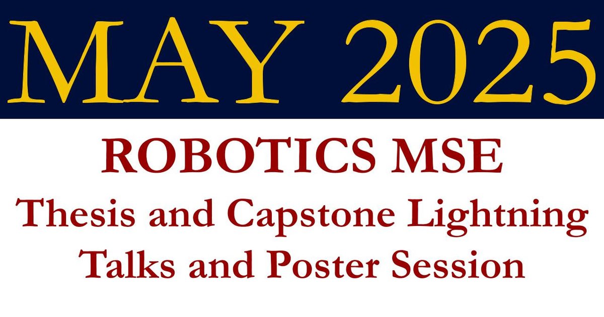 Join us TODAY for the ROBOTICS MSE Thesis and Capstone Lightning Talks with a poster session starting at 2pm!
For more info:
grasp.upenn.edu/events/spring-…

#GRASP #GRASPLab #RoboticsMSE