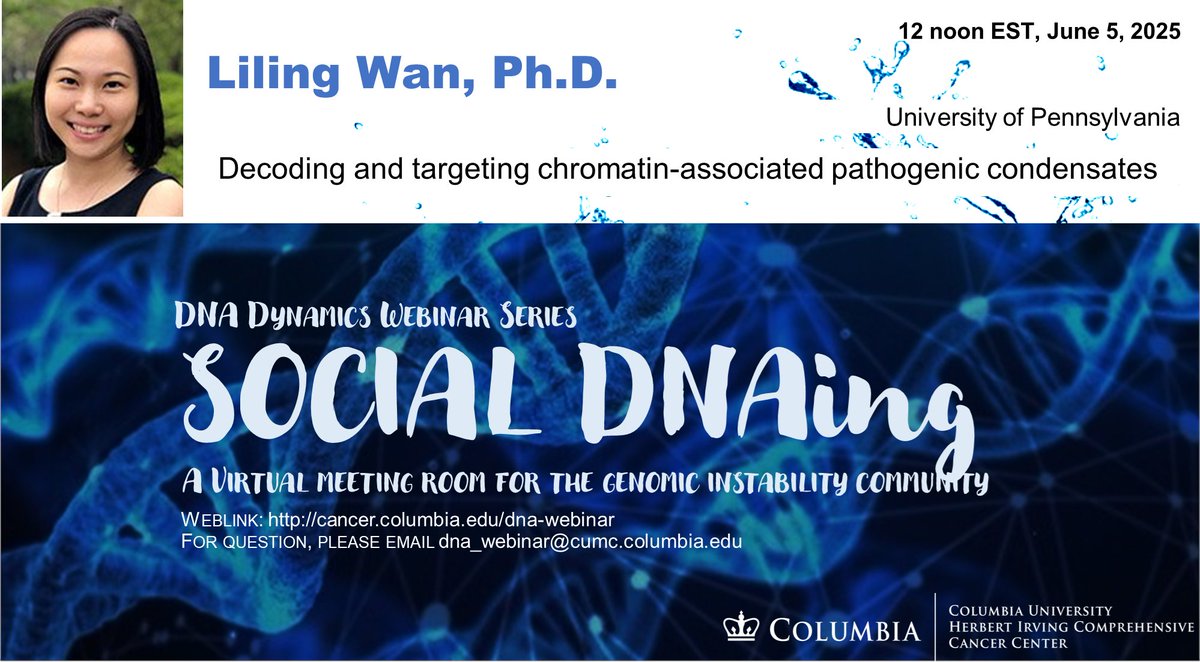 Happy June! Thank Dr. Groth for a great webinar. Dr. Liling Wan from UPENN will open the summer for us with chromatin condensates! Sign up at cancer.columbia.edu/research/progr…