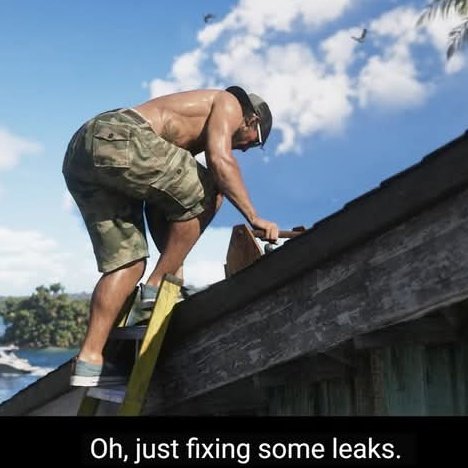 SucumbaGames's tweet photo. Rockstar fez uma piada com os vazamentos do GTA 6 no 2° Trailer

Jason está no telhado e quando perguntam o que ele está fazendo ele diz "Oh, Just fixing some leaks", que significa "Apenas consertando alguns vazamentos" https://t.co/XAx1ntir2D