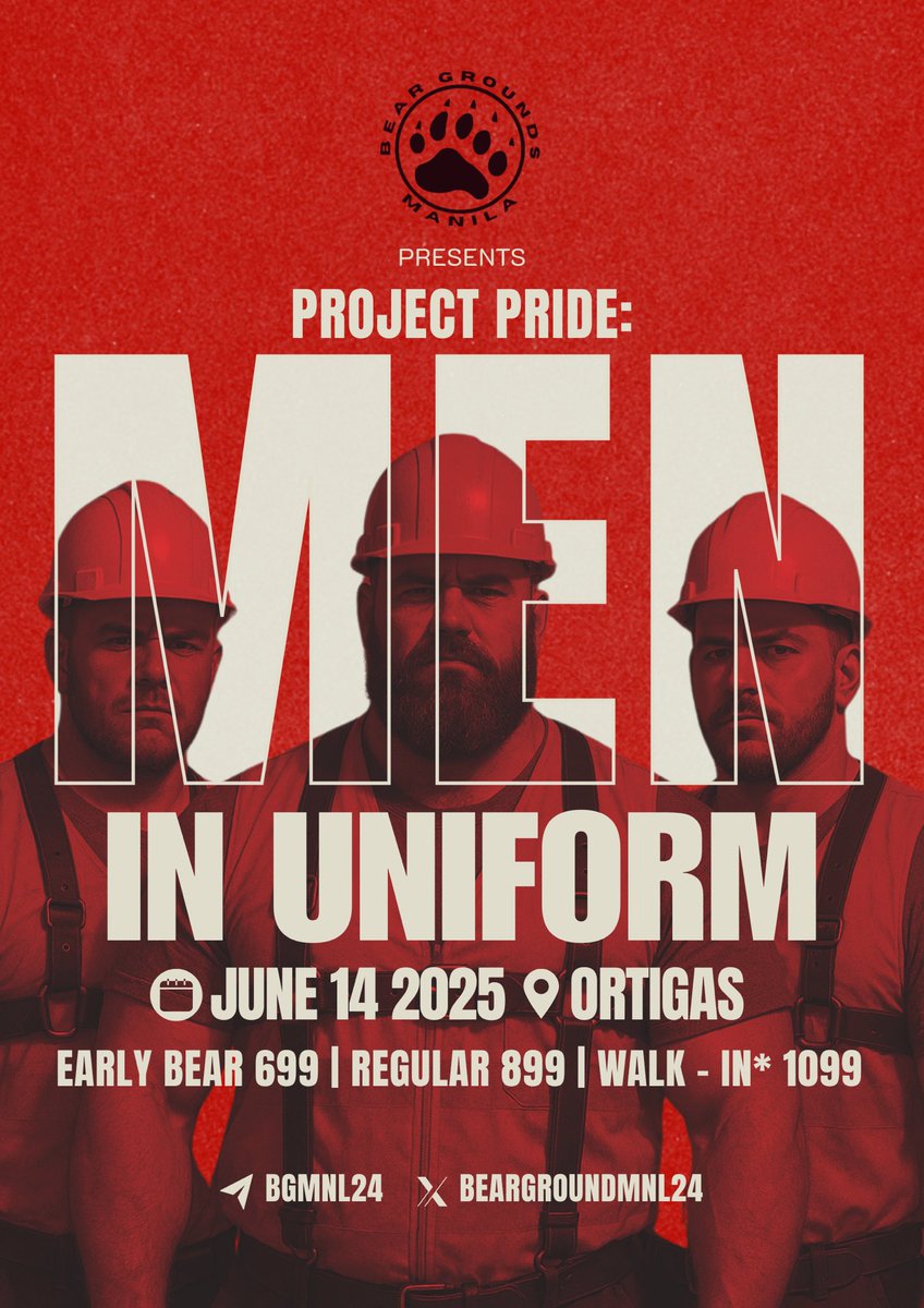 Honoring those who serve with pride and courage—Project Pride: Men in Uniform 🦺⛑️

Get ready to wear your uniform and have fun with us this coming June 14. See you!🔥💦

Foods and drinks included 

*walk-ins are subject to availability

📩TG BGMNL24 for screening and inquiries