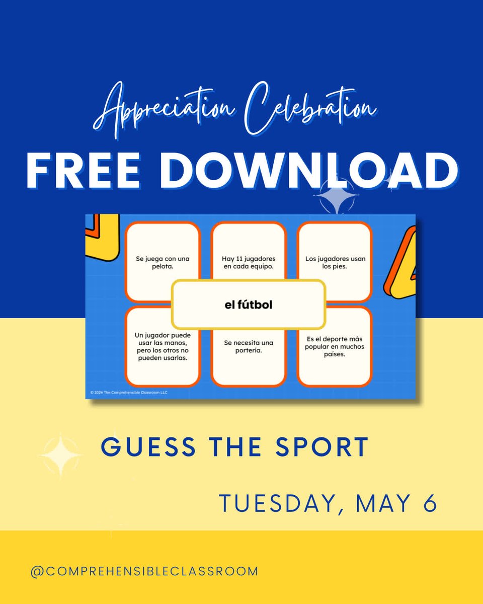 FREE GIFT for teachers!

Guess the Sport is a whole class, interactive guessing game with and is our free gift to YOU! Download from comprehensibleclassroom.com with coupon code SPORTGIFT25.