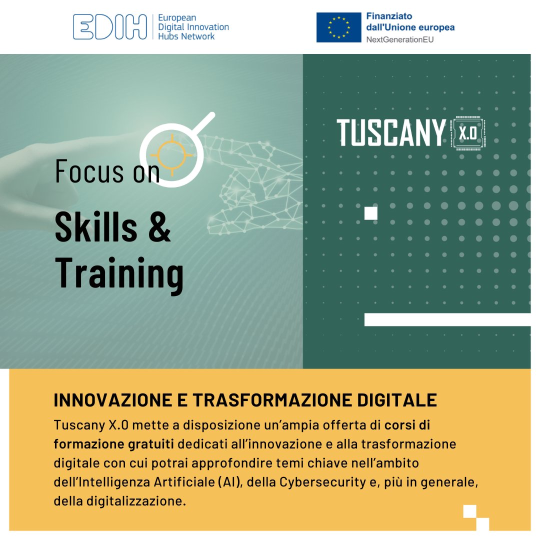 🚀𝗙𝗼𝗿𝗺𝗮𝘇𝗶𝗼𝗻𝗲 𝗴𝗿𝗮𝘁𝘂𝗶𝘁𝗮 𝗽𝗲𝗿 𝗹’𝗶𝗻𝗻𝗼𝘃𝗮𝘇𝗶𝗼𝗻𝗲 𝗲 𝗹𝗮 𝘁𝗿𝗮𝘀𝗳𝗼𝗿𝗺𝗮𝘇𝗶𝗼𝗻𝗲 𝗱𝗶𝗴𝗶𝘁𝗮𝗹𝗲 𝗱𝗲𝗹𝗹𝗲 𝗣𝗠𝗜
Con Tuscany X.0 hai accesso a corsi gratuiti per supportare la trasformazione digitale delle PMI.
Scopri qui👉 tuscanyx.eu/formazione/
