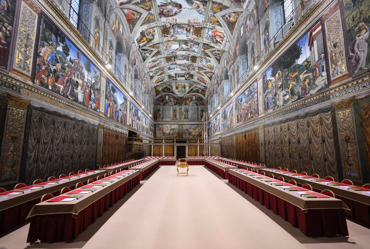 Everything is ready in the Sistine Chapel. 133 cardinals will gather tomorrow to begin the conclave to elect a new pope. Photo today from Vatican Media.