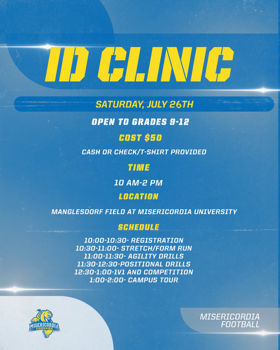 We are LOCKED and LOADED for our 2025 MU Football ID Clinic! What better way to spend a Saturday than in BEAUTIFUL Dallas, PA? 🤩

Fill out the form below and come COMPETE ‼️ docs.google.com/forms/u/1/d/e/…

#SWARM #RollCougs 🔵🟡