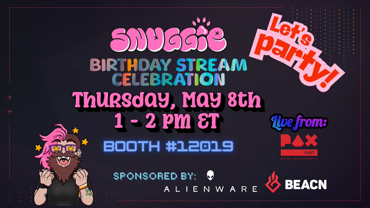 akaSnuggie's tweet image. This Thursday, joining me for a birthday celebration hour as I stream live from #PAXEast at the @Alienware x @BEACN Streaming Booth!

Tune in May 8th 1 - 2 PM ET at twitch.tv/Snuggie