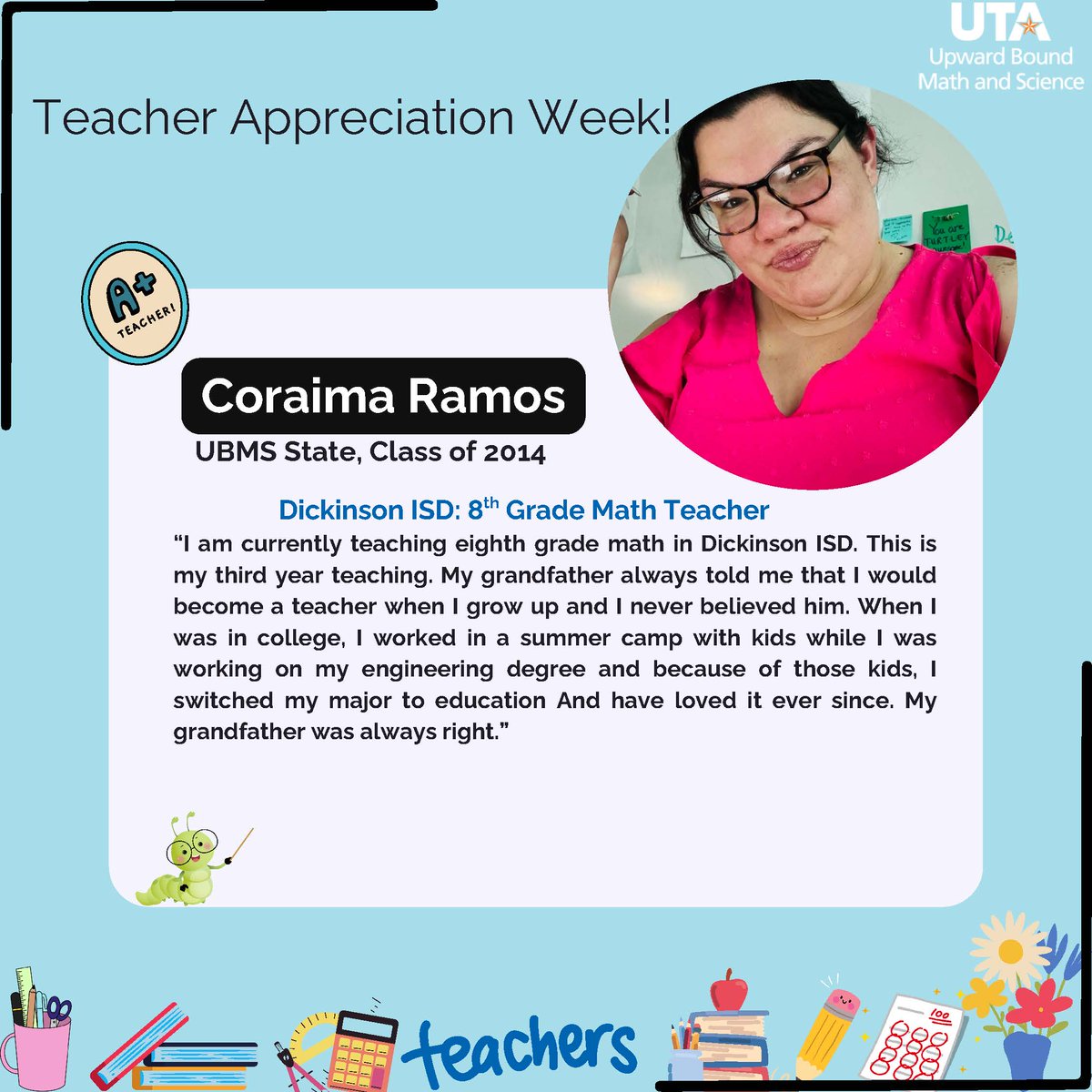 Next up, as part of Teacher Appreciation Week, is Coraima. She is a graduate from Galveston Ball HS and college graduate from <a href="/GalvestonEdu/">Galveston College</a> and <a href="/UHClearLake/">University of Houston-Clear Lake</a>. Thank you Coraima for all that you do for your students and your community! #TRIOworks