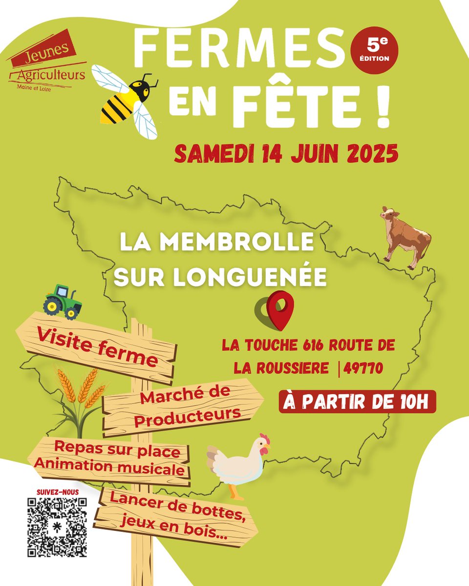 #FermesenFête
Rendez-vous le #14 juin 2025 à partir de 10h à la Membrolle sur Longuenée ! 
Au #programme visite de ferme, marché local, #animation pour #enfants et #adultes avec restauration sur place 
Nous vous attendons nombreux !