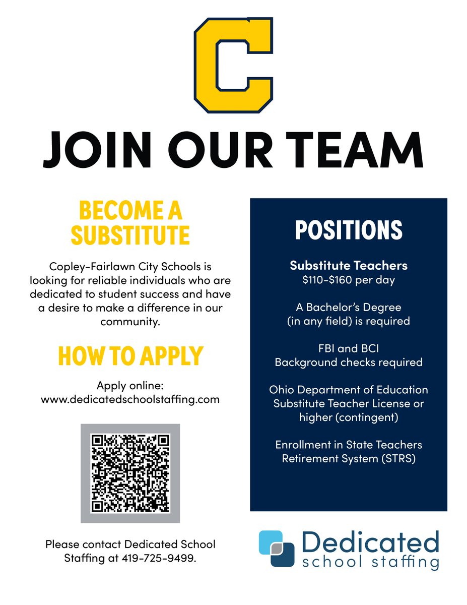Dedicated School Staffing (@dedicated_ss) on Twitter photo Copley-Fairlawn City Schools (<a href="/CFCSindians/">Copley-Fairlawn CS</a>) is still hiring Substitute Teachers! Have a Bachelor's degree (in any field)? We want you on our team! Step into the classroom and utilize your skills, no prior experience needed. Apply today: bit.ly/3DUMiYu Copley-Fairlawn City Schools (<a href="/CFCSindians/">Copley-Fairlawn CS</a>) is still hiring Substitute Teachers! Have a Bachelor's degree (in any field)? We want you on our team! Step into the classroom and utilize your skills, no prior experience needed. Apply today: bit.ly/3DUMiYu