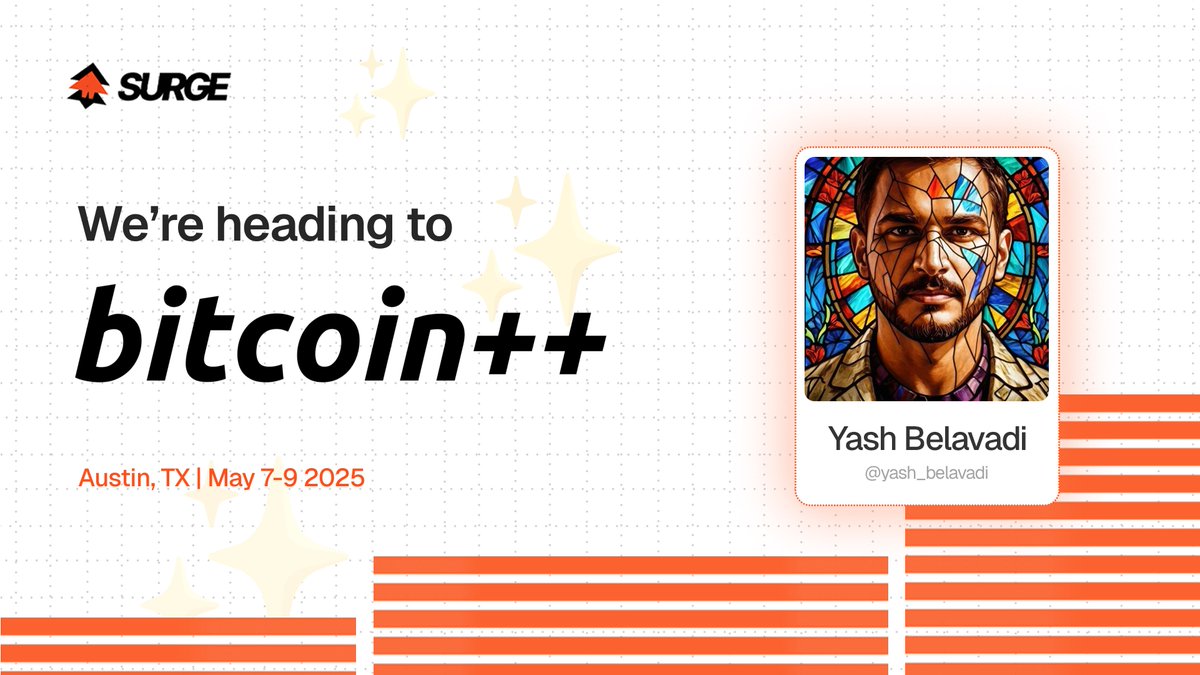 Our CEO (<a href="/yash_belavadi/">Yash Belavadi</a>) is headed to Austin for <a href="/btcplusplus/">bitcoin++</a> mempools edition. Catch him there to talk all things Surge and get the inside scoop on what’s cooking at HQ! 🌶️⚡