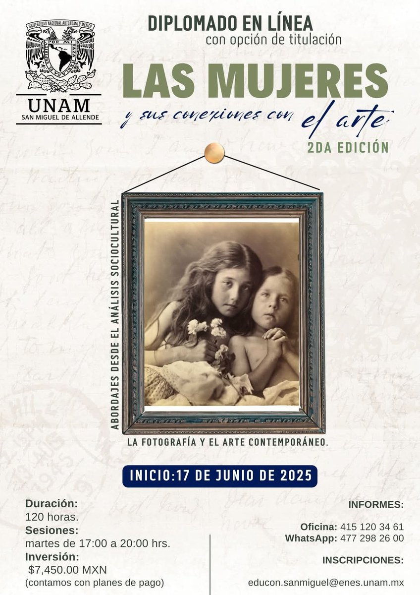 UNAM SMAllende (@unamsanmiguel) on Twitter photo Diplomado en línea "𝗟𝗮𝘀 𝗺𝘂𝗷𝗲𝗿𝗲𝘀 𝘆 𝘀𝘂𝘀 𝗰𝗼𝗻𝗲𝘅𝗶𝗼𝗻𝗲𝘀 𝗰𝗼𝗻 𝗲𝗹 𝗮𝗿𝘁𝗲"✍🏻👩🏻🎨
Conoce a nuestros ponentes, contenido del programa, fechas de sesiones y más...😉shre.ink/eOBz
Inicio:17 de junio de 2024.
Inscripciones: educon.sanmiguel@enes.unam.mx Diplomado en línea "𝗟𝗮𝘀 𝗺𝘂𝗷𝗲𝗿𝗲𝘀 𝘆 𝘀𝘂𝘀 𝗰𝗼𝗻𝗲𝘅𝗶𝗼𝗻𝗲𝘀 𝗰𝗼𝗻 𝗲𝗹 𝗮𝗿𝘁𝗲"✍🏻👩🏻🎨
Conoce a nuestros ponentes, contenido del programa, fechas de sesiones y más...😉shre.ink/eOBz
Inicio:17 de junio de 2024.
Inscripciones: educon.sanmiguel@enes.unam.mx