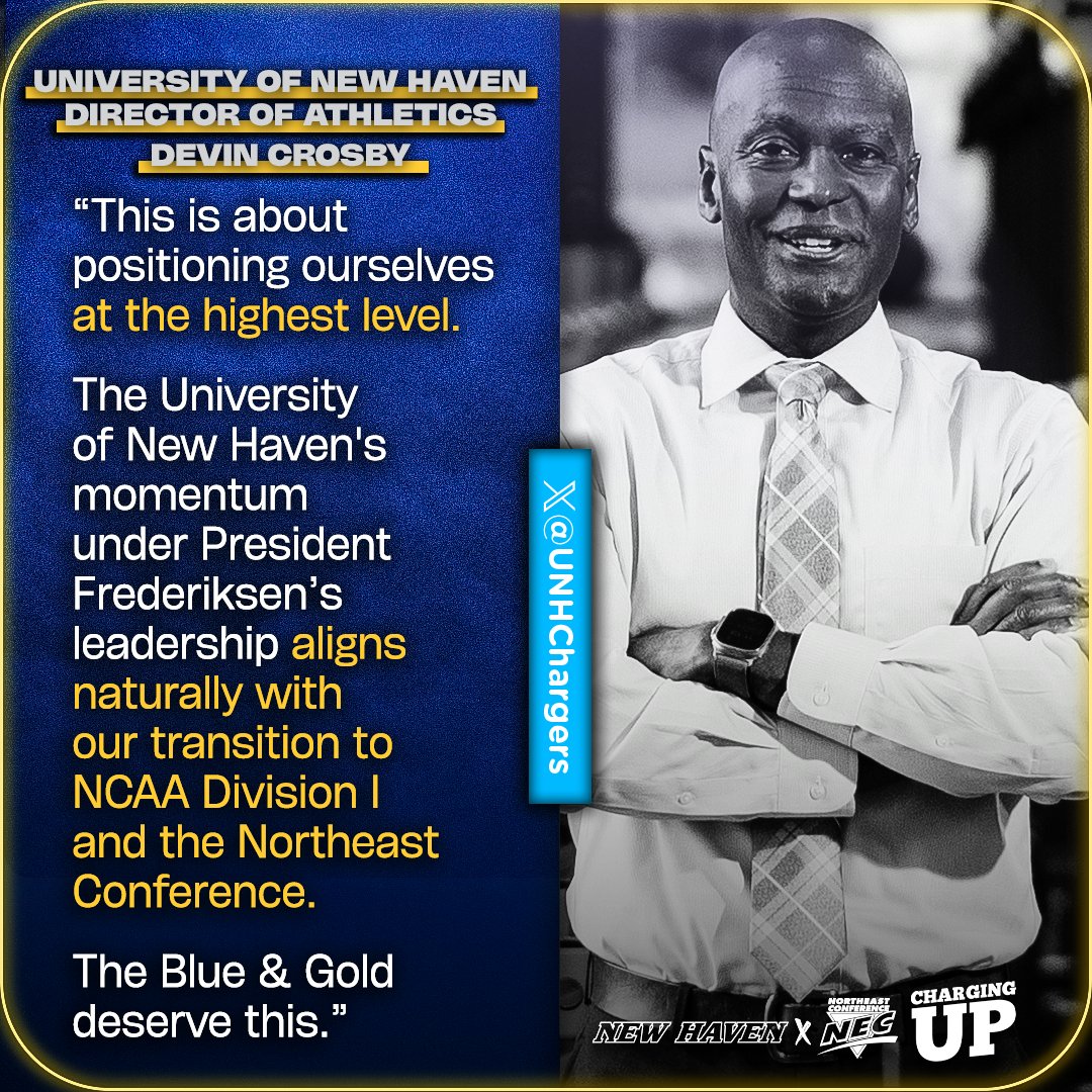 Northeast Conference (@necsports) on Twitter photo ๐ฌ "The University of Haven's momentum under President Frederiksen's leadership aligns naturally with our transition to Division I and the Northeast Conference."
๐ฃ๏ธ Devin Crosby
Director of Athletics, <a href="/UNHChargers/">New Haven Chargers</a>
<a href="/UNewHaven/">University of New Haven</a> x #NECsports ๐ฌ "The University of Haven's momentum under President Frederiksen's leadership aligns naturally with our transition to Division I and the Northeast Conference."
๐ฃ๏ธ Devin Crosby
Director of Athletics, <a href="/UNHChargers/">New Haven Chargers</a>
<a href="/UNewHaven/">University of New Haven</a> x #NECsports