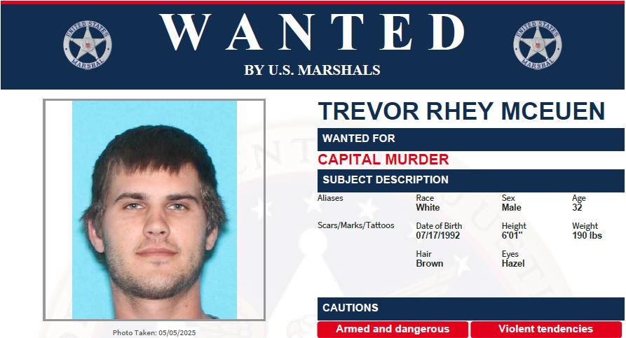 U.S. Marshals Service Dallas (@usms_dallas) on Twitter photo USMS North Texas Fugitive Task Force is seeking information on fugitive Trevor Mceuen, 32, wanted for Capital Murder.  Anyone with information on the whereabouts of Mceuen is urged to contact  800-336-0102 or leave a tip at usmarshals.gov. USMS North Texas Fugitive Task Force is seeking information on fugitive Trevor Mceuen, 32, wanted for Capital Murder.  Anyone with information on the whereabouts of Mceuen is urged to contact  800-336-0102 or leave a tip at usmarshals.gov.