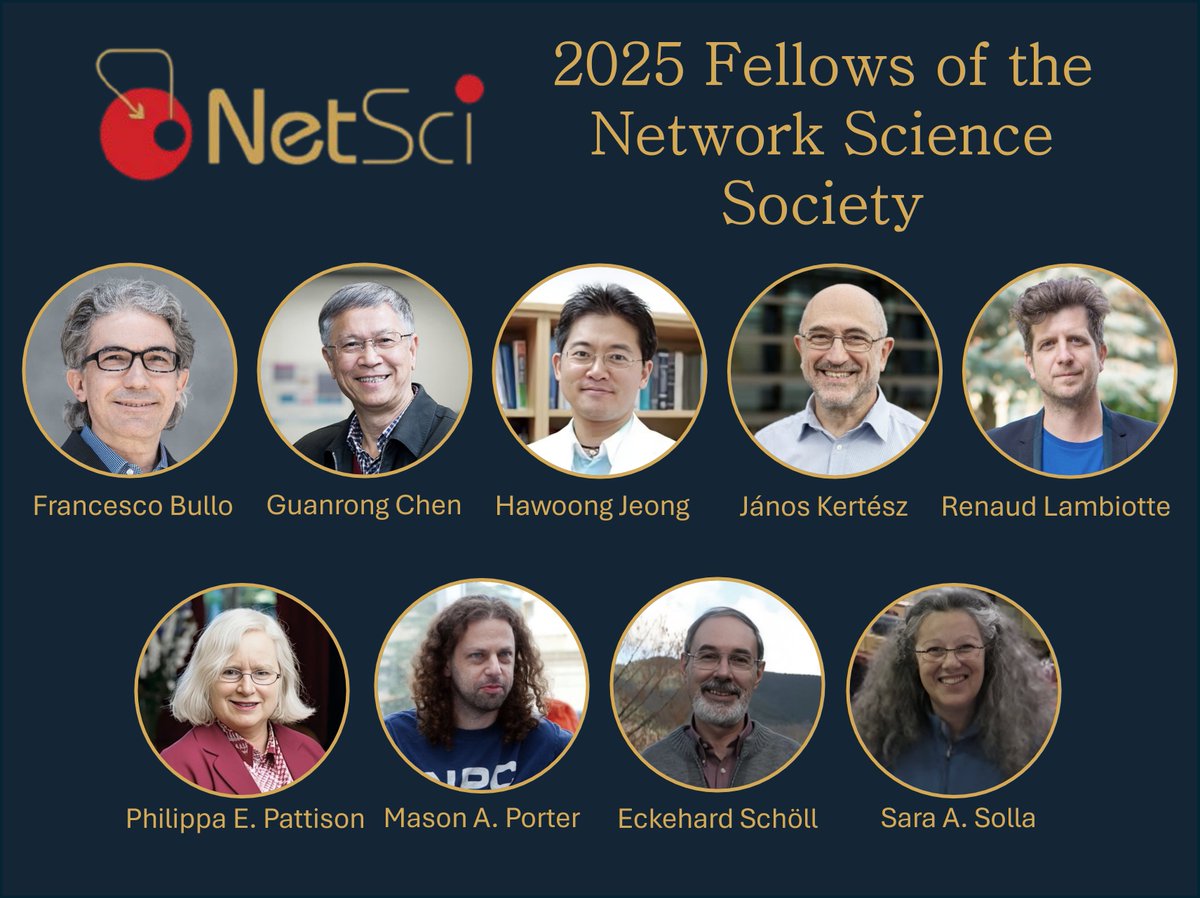 The Network Science Society has a new class of Fellows! Congratulations to the 2025 awardees:
Francesco Bullo
Guanrong Chen
Hawoong Jeong
János Kertész
Renaud Lambiotte
Philippa E. Pattison
Mason A. Porter
Eckehard Schöll
Sara A. Solla