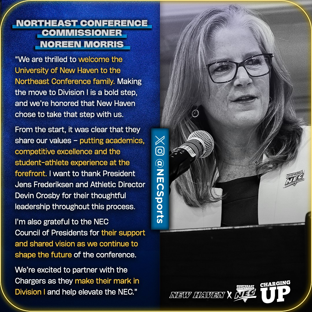 Northeast Conference (@necsports) on Twitter photo ๐ฌ "Making the move to DI is a bold step, and we are honored that <a href="/UNewHaven/">University of New Haven</a> chose to take that step with us. From the start, it was clear that they share our values - putting academics, competitive excellence and student-athlete experience at the forefront."
๐ฃ๏ธ Noreen Morris ๐ฌ "Making the move to DI is a bold step, and we are honored that <a href="/UNewHaven/">University of New Haven</a> chose to take that step with us. From the start, it was clear that they share our values - putting academics, competitive excellence and student-athlete experience at the forefront."
๐ฃ๏ธ Noreen Morris