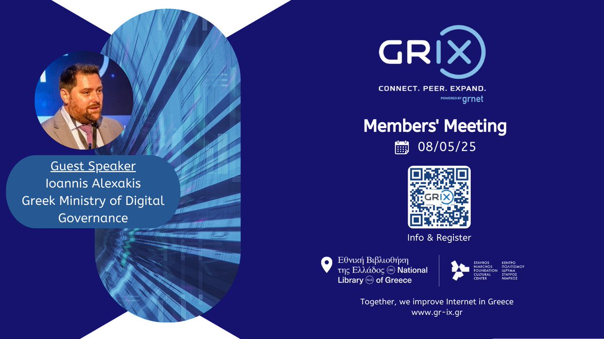 We are honored to welcome Ioannis Alexakis, Head of the General Directorate for Strategic Planning at the National Cybersecurity Authority of 🇬🇷, <a href="/MinDigitalGr/">Υπουργείο Ψηφιακής Διακυβέρνησης</a> , to the Annual GR-IX Members’ Meeting 2025 on Thursday!
More info: bit.ly/3ZaSgyP

#GRNET #annualmembermeeting