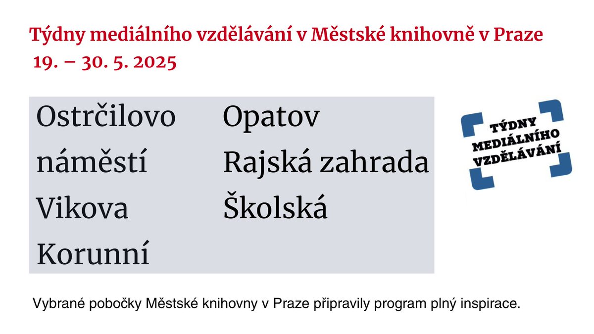 Do Týdnů mediálního vzdělávání se zapojuje i Městská knihovna v Praze.🗓 Osm poboček napříč Prahou nabídne programy zaměřené na kritické myšlení a práci s informacemi.🎯 Pro školy i veřejnost.📍 Více ➡️ jsns.cz/projekty/media…