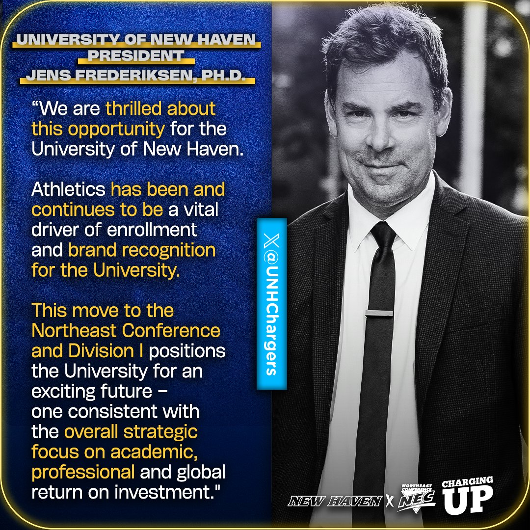 Northeast Conference (@necsports) on Twitter photo ๐ฌ "This move to the NEC & Division I positions the University for an exciting future โ one consistent with the overall strategic focus on academic, professional and global return on investment."
๐ฃ๏ธ Jens Frederiksen, Ph. D.
President, <a href="/UNewHaven/">University of New Haven</a>
<a href="/UNHChargers/">New Haven Chargers</a> x #NECsports ๐ฌ "This move to the NEC & Division I positions the University for an exciting future โ one consistent with the overall strategic focus on academic, professional and global return on investment."
๐ฃ๏ธ Jens Frederiksen, Ph. D.
President, <a href="/UNewHaven/">University of New Haven</a>
<a href="/UNHChargers/">New Haven Chargers</a> x #NECsports
