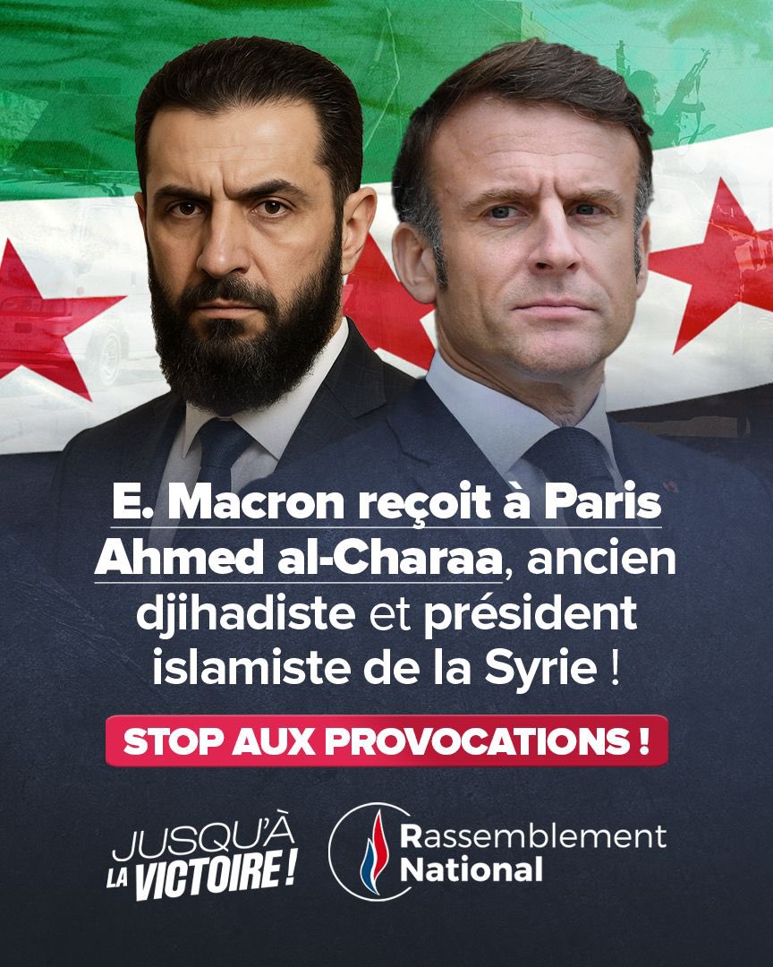 RNational_off's tweet image. 🔴 Alors que la France enterre, encore et encore, des victimes du terrorisme islamiste, Emmanuel Macron déroule le tapis rouge à Ahmed al-Charaa, ancien djihadiste lié à Al-Qaïda et à Daech.

C’est plus qu’un aveuglement : c’est une trahison. Une insulte à la mémoire des…