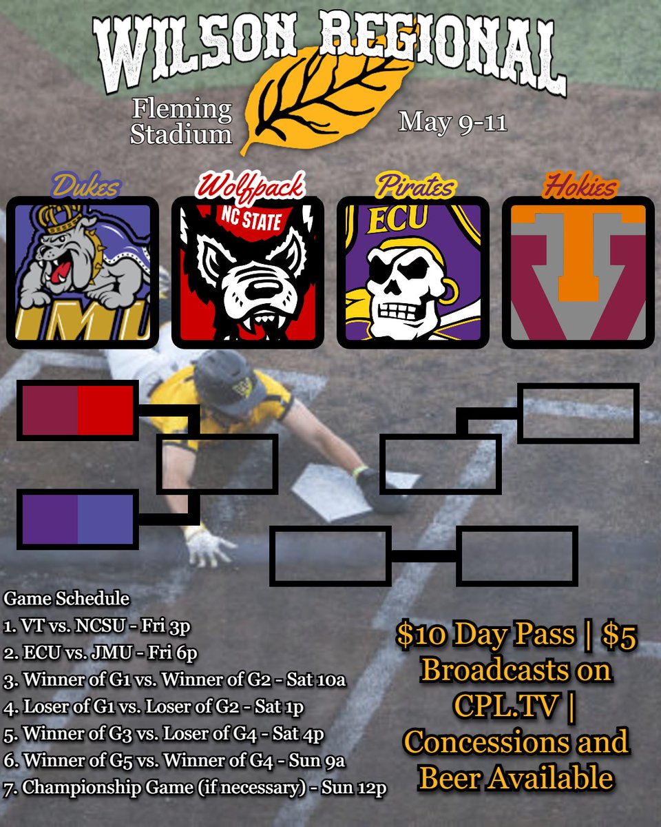 The Wilson Regional Bracket is SET. The winner heads to Alton, Illinois to compete in the Club Baseball World Series. 
Thank you to the Wilson Tobs for hosting the event - lets fill out Historic Fleming Stadium with Wolfpack red this weekend!