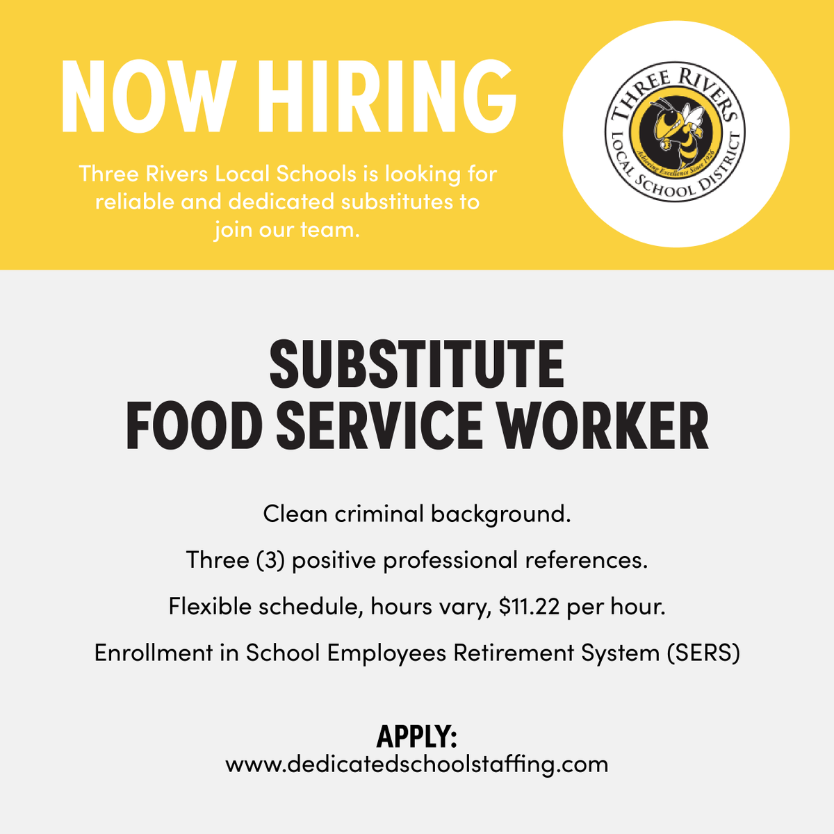 Dedicated School Staffing (@dedicated_ss) on Twitter photo Looking for a flexible job where you can truly make a difference? Three Rivers School District (<a href="/TRLSDjackets/">Three Rivers</a>) is hiring Substitute Educational Aides, Substitute Food Service Workers, and Substitute Secretaries for daily assignments! Join our team: bit.ly/3W9xePo Looking for a flexible job where you can truly make a difference? Three Rivers School District (<a href="/TRLSDjackets/">Three Rivers</a>) is hiring Substitute Educational Aides, Substitute Food Service Workers, and Substitute Secretaries for daily assignments! Join our team: bit.ly/3W9xePo
