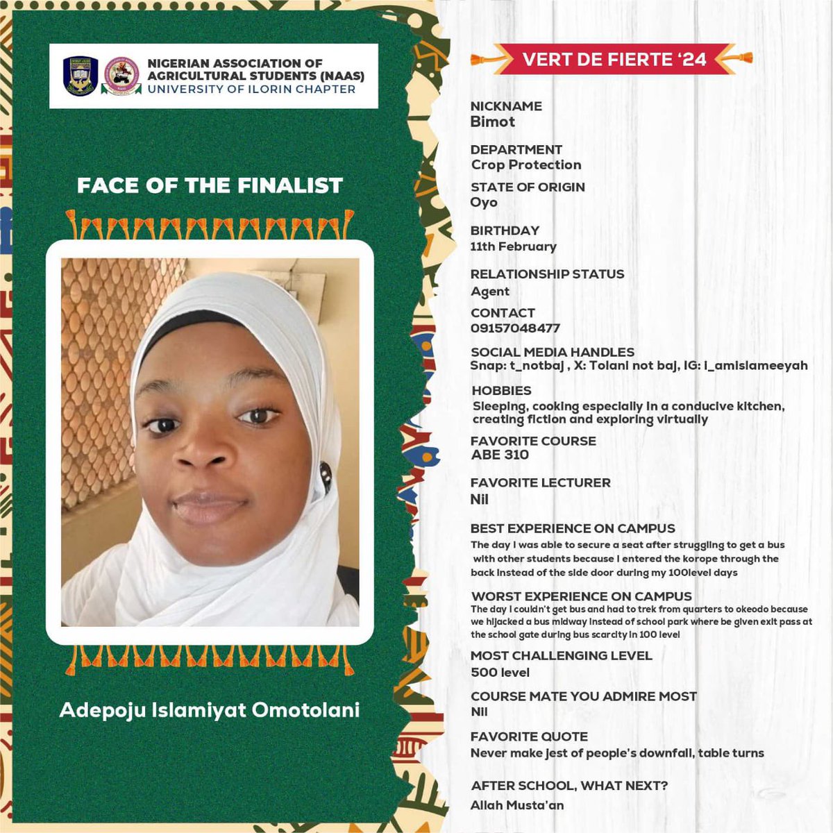 VertDeFierte's tweet photo. “Never make jest of people’s downfall, tables turn” 
Faces of Finalists
VDF24 

Priscilla 🥰
Islamiyat 😍
Aishat ☺️ https://t.co/K3WYEjOhrX
