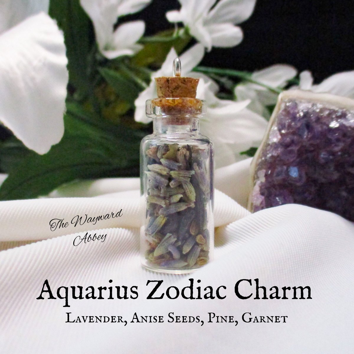 Aquarius Zodiac Charm $8
Lavender, Anise Seeds, Pine, Garnet

Meant to help balance those born under this sign. Herbs &amp; stone/crystal chips in a 2mL glass jar. Comes with satin cord.

thewaywardabbeystore.etsy.com/listing/941312…

~Blessings~Courtney

#Aquarius #ZodiacSigns #crystal #Stone #jewelry