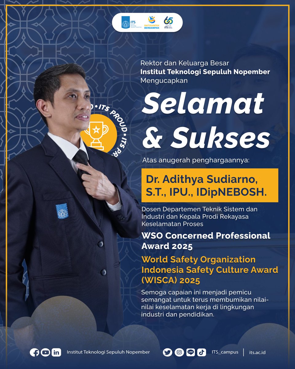 its_campus's tweet photo. #ITSProud
Rektor dan Keluarga Besar Institut Teknologi Sepuluh Nopember mengucapkan selamat dan sukses atas anugerah penghargaannya
Dr. Adithya Sudiarno, S.T., IPU., IDipNEBOSH.
Dosen Departemen Teknik Sistem dan Industri dan Kepala Prodi Rekayasa Keselamatan Proses https://t.co/nkYzd3anxk