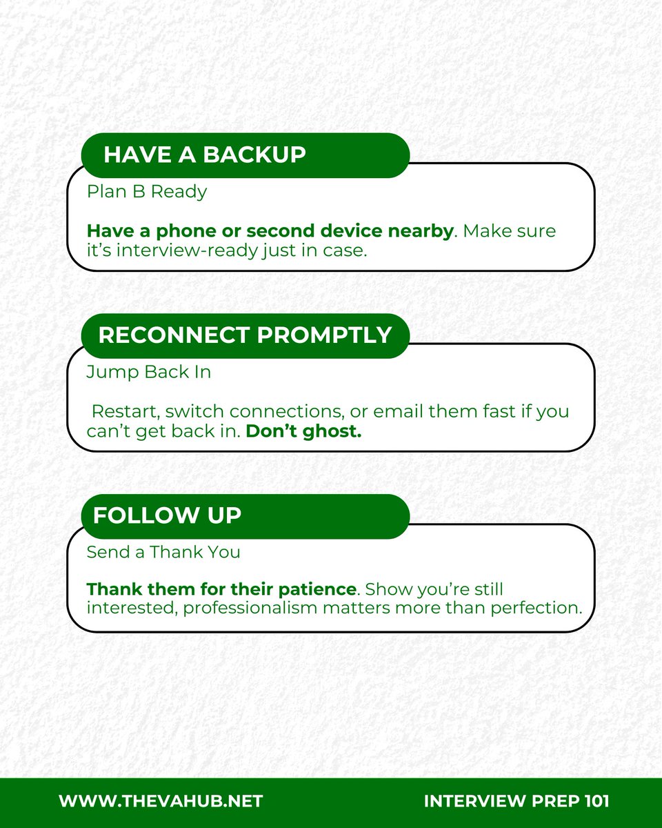 TheVAHubLatAm's tweet image. Tech issues happen, even during interviews. What counts is how you handle them.

Swipe to learn how to navigate tech troubles without losing your cool or your shot at the job. 👉

#VirtualInterviewTips #RemoteWork