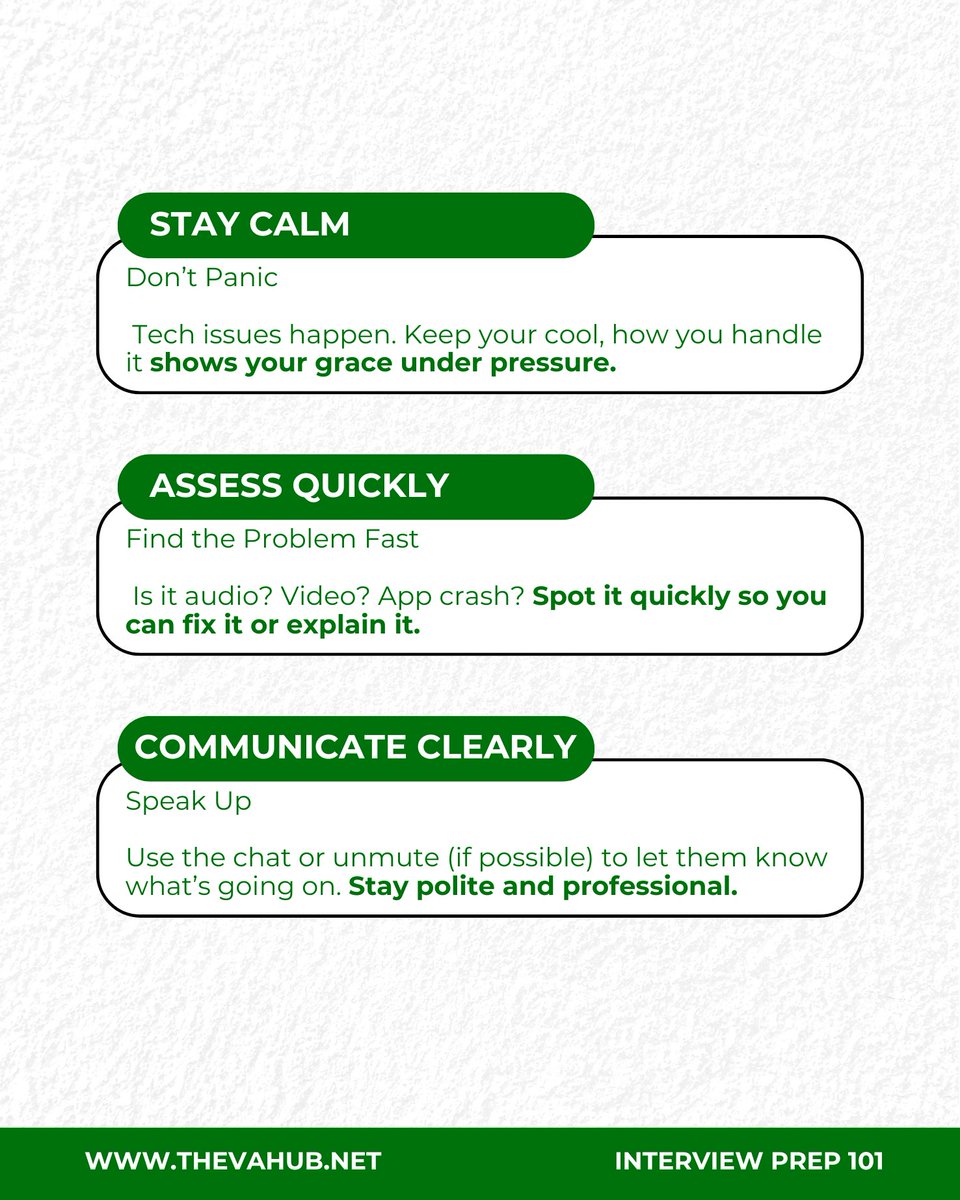 TheVAHubLatAm's tweet image. Tech issues happen, even during interviews. What counts is how you handle them.

Swipe to learn how to navigate tech troubles without losing your cool or your shot at the job. 👉

#VirtualInterviewTips #RemoteWork