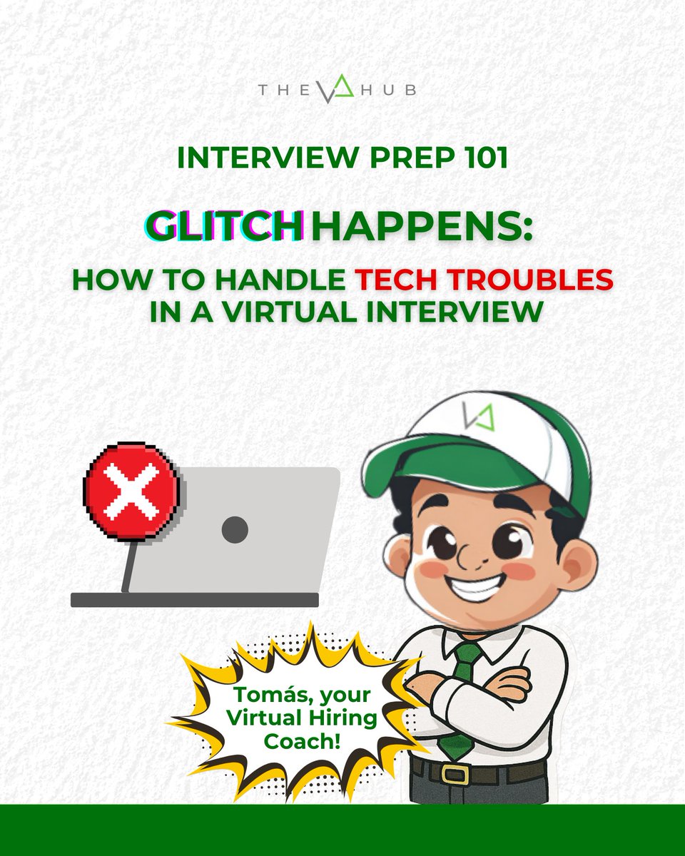 TheVAHubLatAm's tweet image. Tech issues happen, even during interviews. What counts is how you handle them.

Swipe to learn how to navigate tech troubles without losing your cool or your shot at the job. 👉

#VirtualInterviewTips #RemoteWork