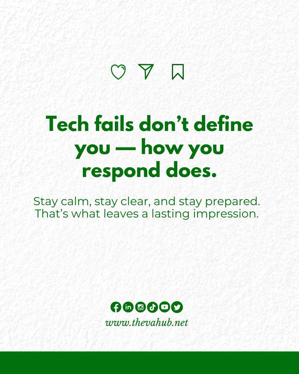 TheVAHubLatAm's tweet image. Tech issues happen, even during interviews. What counts is how you handle them.

Swipe to learn how to navigate tech troubles without losing your cool or your shot at the job. 👉

#VirtualInterviewTips #RemoteWork