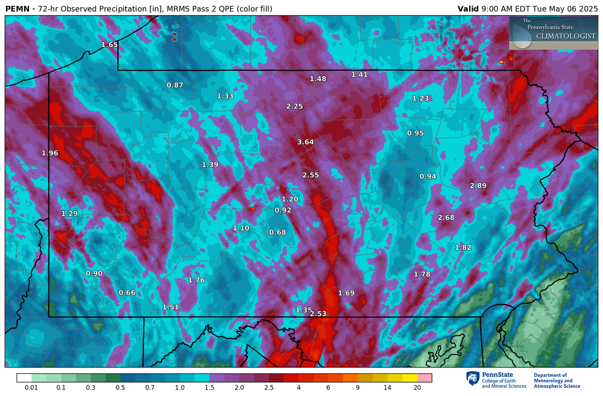 With the persistent rains over the past several days, several inches have fallen at various spots across the state.  The most rain from our PA Environmental Monitoring Network over the past 72 hours is Keystone Central School District in Clinton Co. observing 3.64". #PAwx