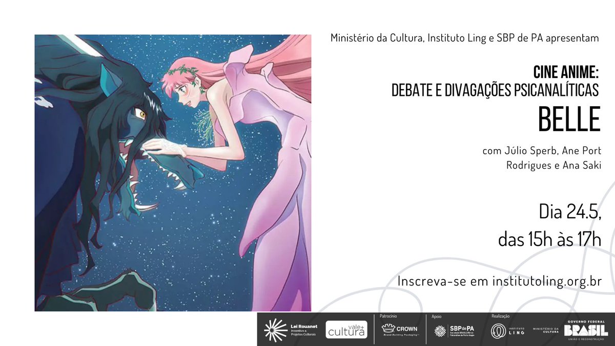 📽️Dando início a segunda temporada do projeto Cine Anime, escolhemos para o debate o longa de animação Belle (Ryuu to Sobakasu no Hime), escrito e dirigido por Mamoru Hosada, lançado em 2021.

Ingressos: bit.ly/CineAnime-24Mai
