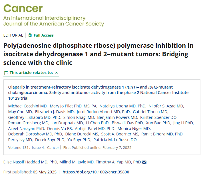 ACS Journal Cancer (@journalcancer) on Twitter photo This new editorial by <a href="/NassifElise/">Elise Nassif Haddad</a> et al comments on the recent study led by <a href="/Cecchini_OncMD/">Michael Cecchini</a> & Dr Mary Jo Pilat on the PARP inhibitor olaparib in advanced pretreated IDH1/2-mutant tumors: acsjournals.onlinelibrary.wiley.com/doi/10.1002/cn… <a href="/OncoAlert/">OncoAlert</a> #cholangiocarcinoma This new editorial by <a href="/NassifElise/">Elise Nassif Haddad</a> et al comments on the recent study led by <a href="/Cecchini_OncMD/">Michael Cecchini</a> & Dr Mary Jo Pilat on the PARP inhibitor olaparib in advanced pretreated IDH1/2-mutant tumors: acsjournals.onlinelibrary.wiley.com/doi/10.1002/cn… <a href="/OncoAlert/">OncoAlert</a> #cholangiocarcinoma