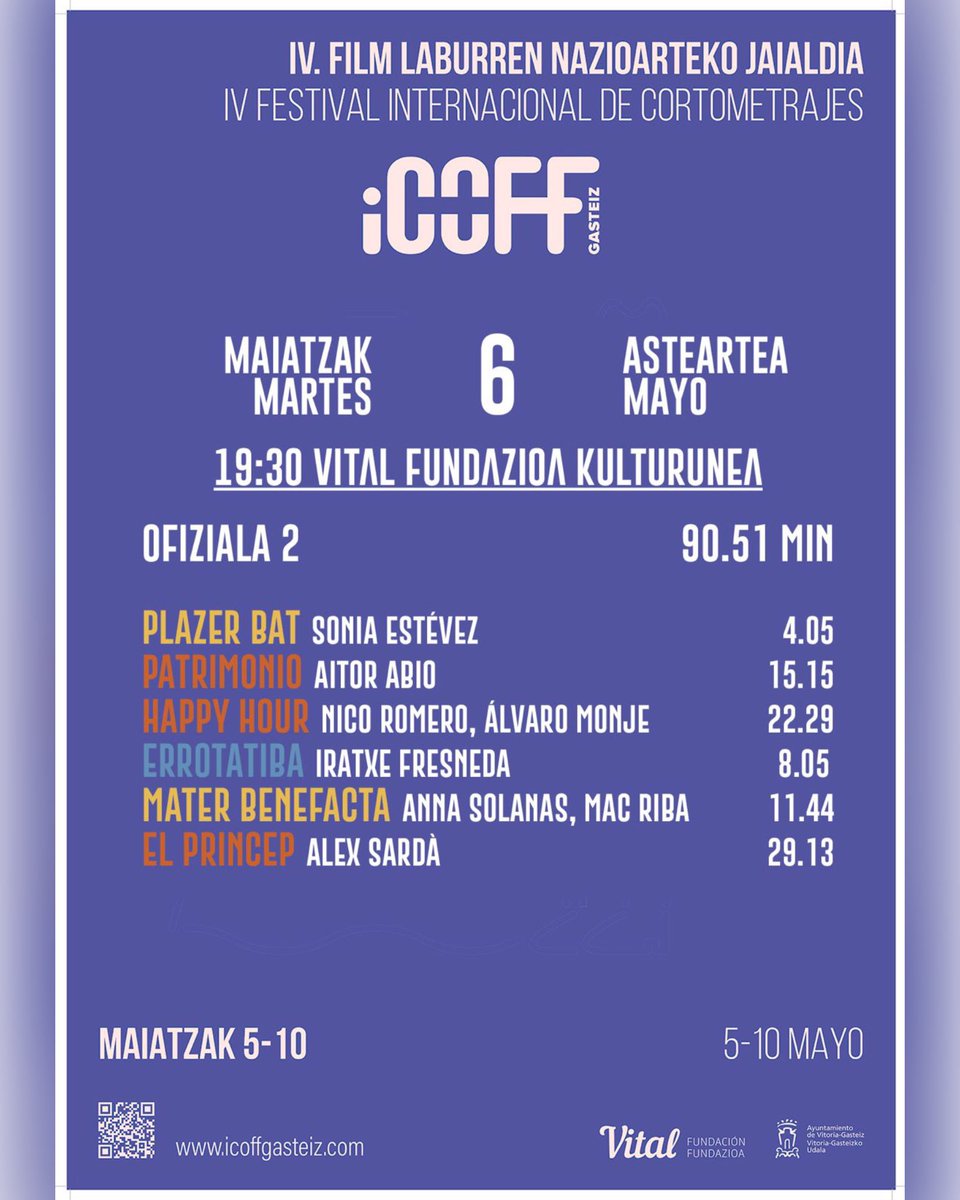 Gaurko programazioa Icoff-Gasteizen! 19:30etan Vital Fundazio Kulturunean// Programacion de hoy en Icoff-Gasteiz a las 19:30 en Vital Fundazio Kulturunean #cortometraje #festival #vitoria