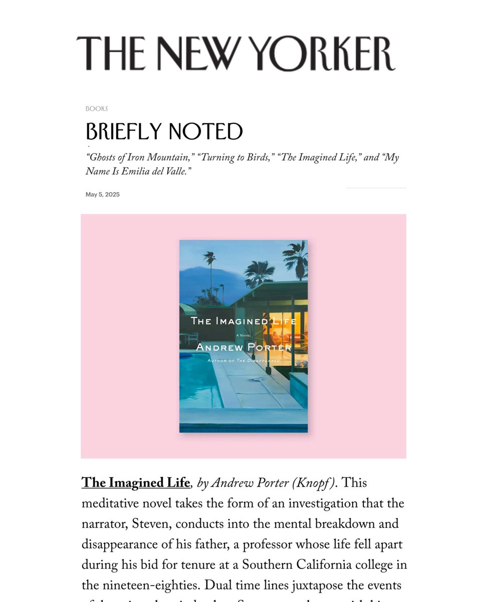 Andrew Porter (@andrewporter01) on Twitter photo Thrilled with this very kind and generous review of The Imagined Life in <a href="/NewYorker/">The New Yorker</a>! Also honored to be included among their “notable new fiction, poetry and nonfiction!” newyorker.com/magazine/2025/… Thrilled with this very kind and generous review of The Imagined Life in <a href="/NewYorker/">The New Yorker</a>! Also honored to be included among their “notable new fiction, poetry and nonfiction!” newyorker.com/magazine/2025/…