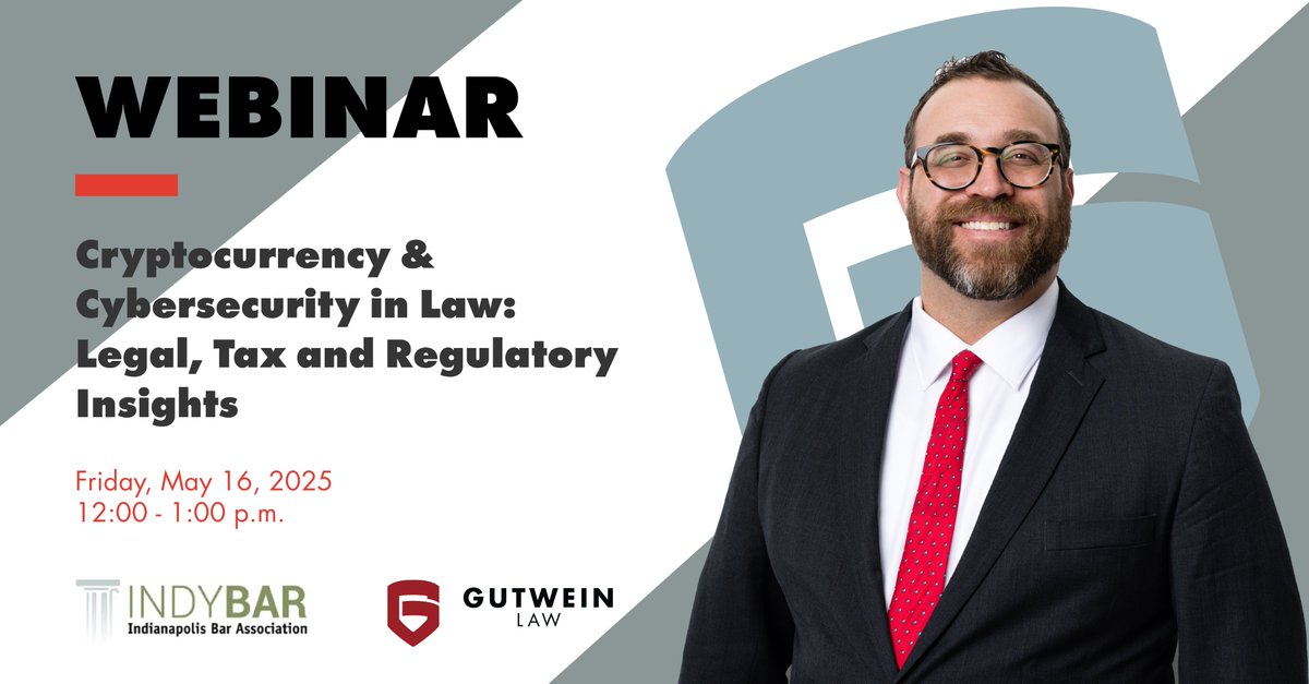 Want to learn more about how #cryptocurrency and #cybersecurity are changing the legal landscape? <a href="/GutweinLaw/">Gutwein Law</a>'s Justin Wiser will be speaking on the topics on Friday, May 16. Register for this <a href="/IndyBar/">IndyBar</a> event today! bit.ly/4iSP9mN