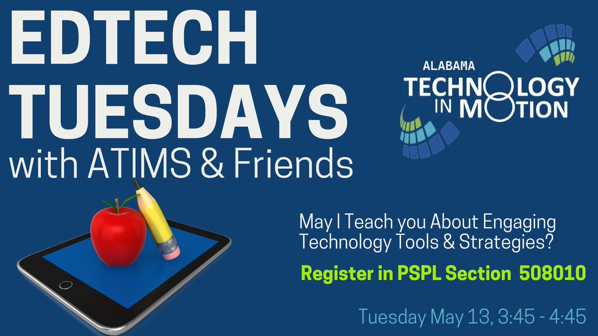 Pernell Allen (@uab_atim) on Twitter photo It’s the final #EdTechTuesday of the school yr! Join <a href="/cfoster1018/">Carol</a> May 13, 3:45–4:45 PM. May I Teach you About Engaging Tech Tools & Strategies?💻 Let’s end the yr with inspiration & innovation! Register in PSPL Section # 508010 <a href="/AlabamaAchieves/">Alabama State Department of Education</a> <a href="/ALSDEEdTech/">ALSDE Educational Technology</a> <a href="/CS4Alabama/">CS4Alabama</a> <a href="/ATIMPD02/">ATIMPD!</a> It’s the final #EdTechTuesday of the school yr! Join <a href="/cfoster1018/">Carol</a> May 13, 3:45–4:45 PM. May I Teach you About Engaging Tech Tools & Strategies?💻 Let’s end the yr with inspiration & innovation! Register in PSPL Section # 508010 <a href="/AlabamaAchieves/">Alabama State Department of Education</a> <a href="/ALSDEEdTech/">ALSDE Educational Technology</a> <a href="/CS4Alabama/">CS4Alabama</a> <a href="/ATIMPD02/">ATIMPD!</a>