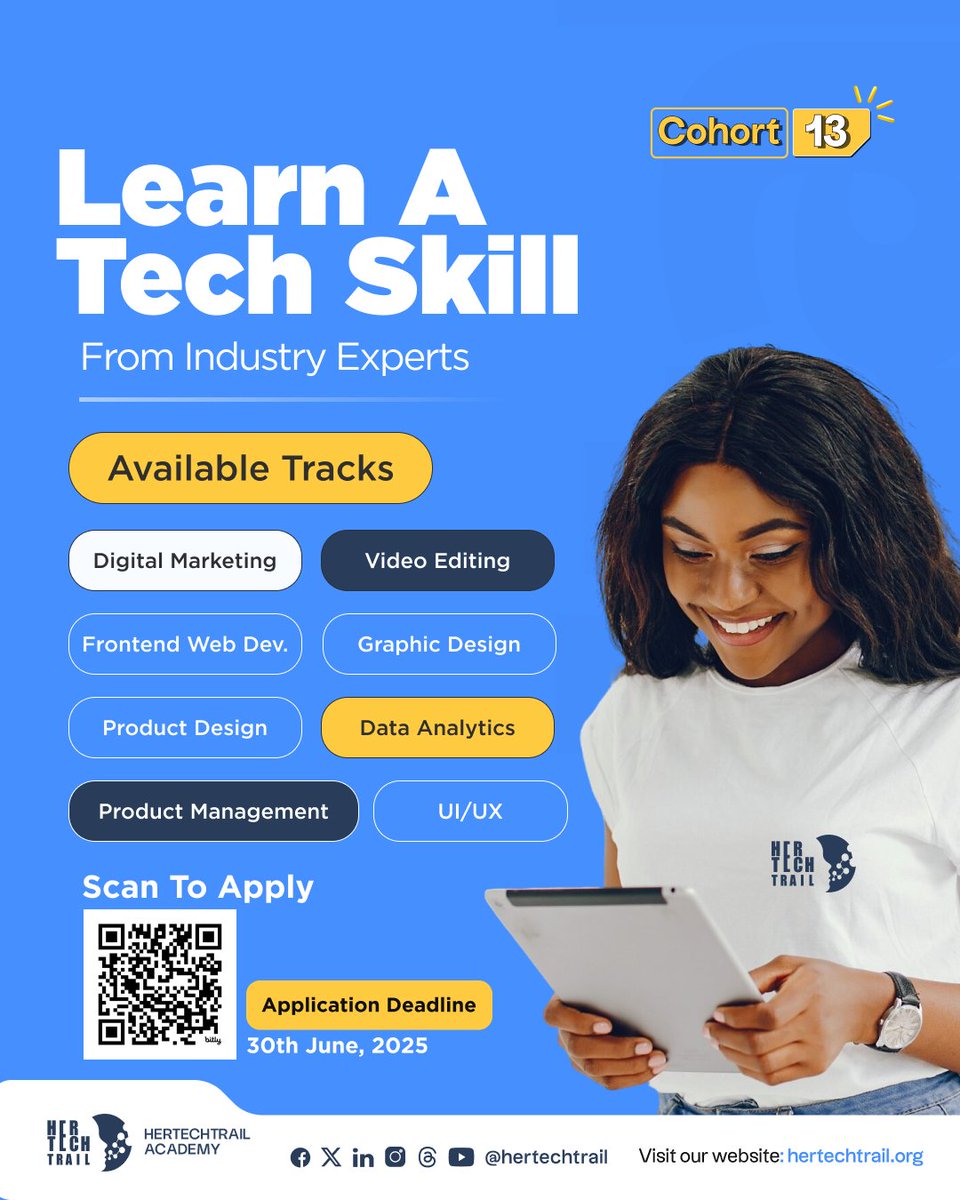 hertechtrail's tweet image. Cohort 13 is finally here! ๐โจ
Are you ready to level up in 2025 with in-demand tech skills and take charge of your future?
HerTechTrail Academy is on a mission to train 10,000 African and Black Women Tuition-Free in tech in 2025 and you could be one!
bit.ly/4m2Al87?r=qr