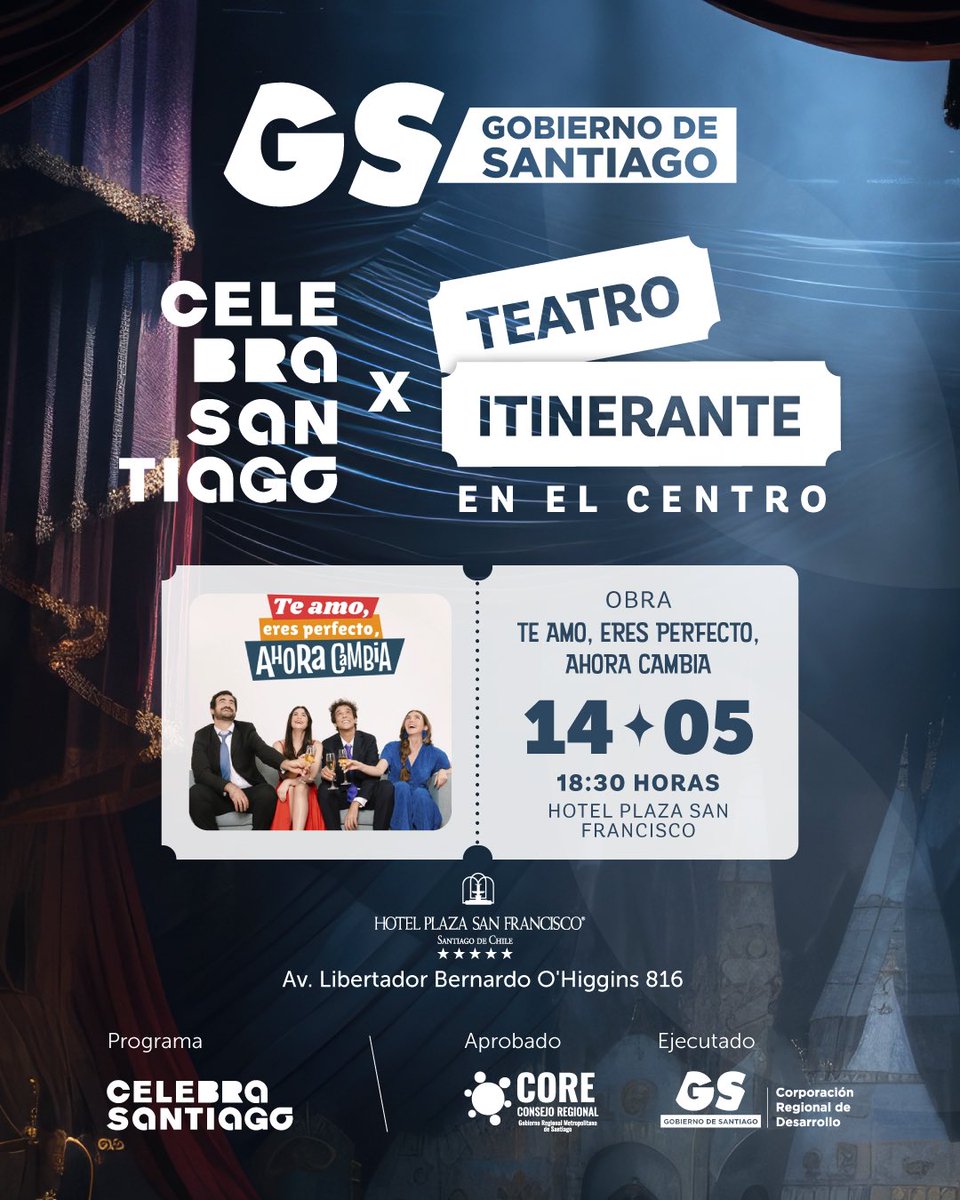 ¡Continuamos con “Teatro Itinerante en el Centro”!
Los invitamos a disfrutar de la obra "Te amo, eres perfecto, ahora cambia" el próximo miércoles 14 de mayo en el Hotel Plaza San Francisco a las 18:30 hrs.
Inscripciones gratuitas aquí 👉 docs.google.com/forms/d/e/1FAI…