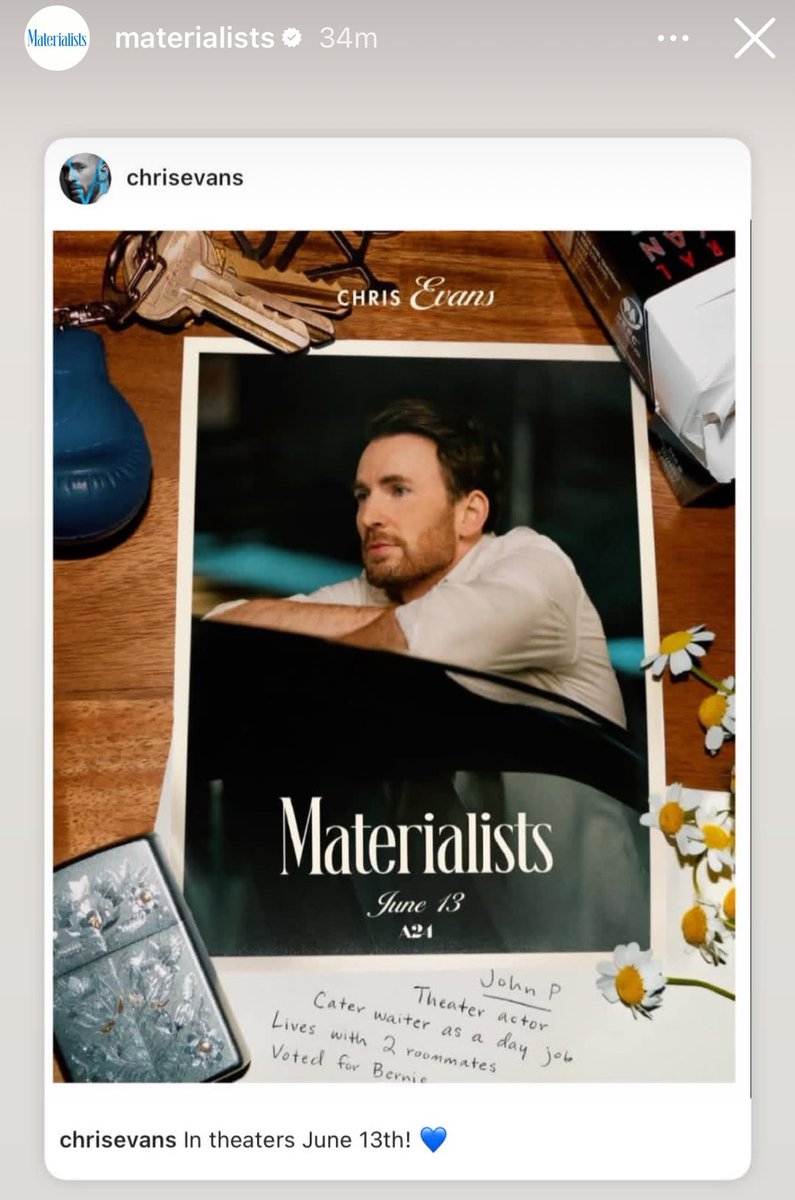updatingcevans's tweet image. celine song and the materialists account sharing chris’s post 💙