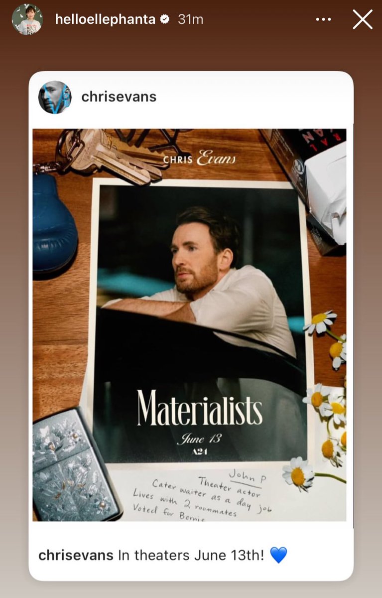 updatingcevans's tweet image. celine song and the materialists account sharing chris’s post 💙
