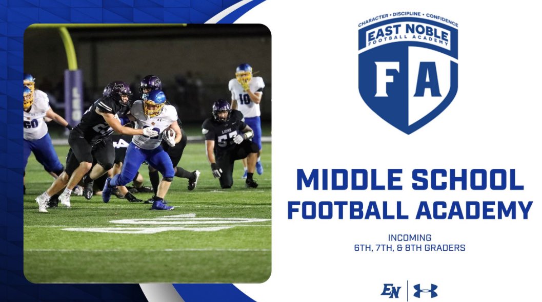 🚨 MIDDLE SCHOOL FOOTBALL PLAYERS 🚨 

Get signed up for the EN Football Academy! Football drills, strength, and speed training over the summer for FREE! 

eastnoblefootball.com/academy.